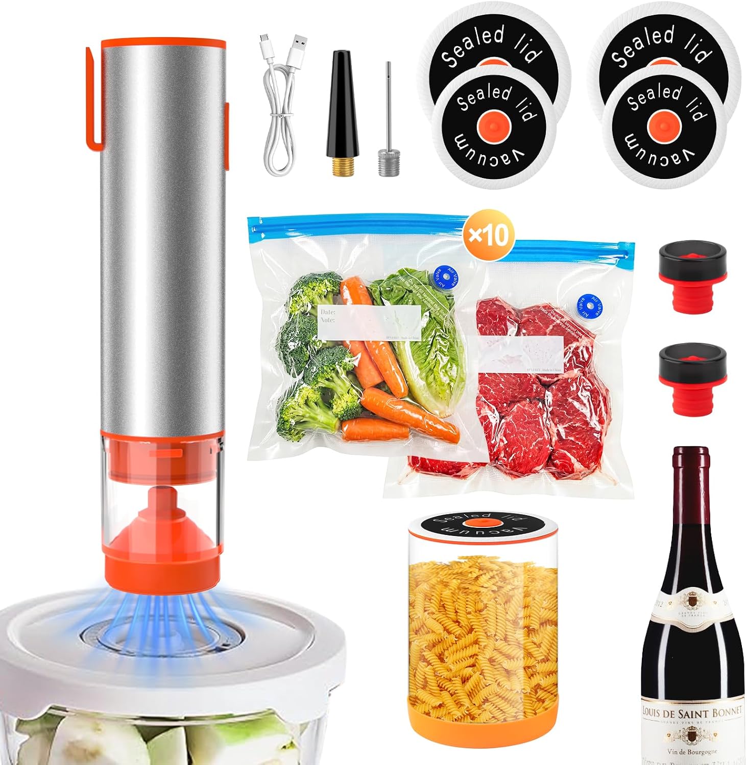 Handheld vacuum sealer full kit with bags, wine stoppers, and sealing lids - Utiliam